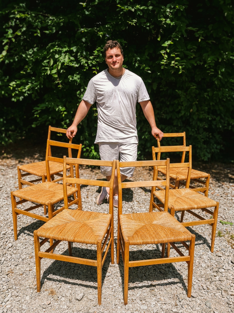 Artisan entouré de chaises rempaillées