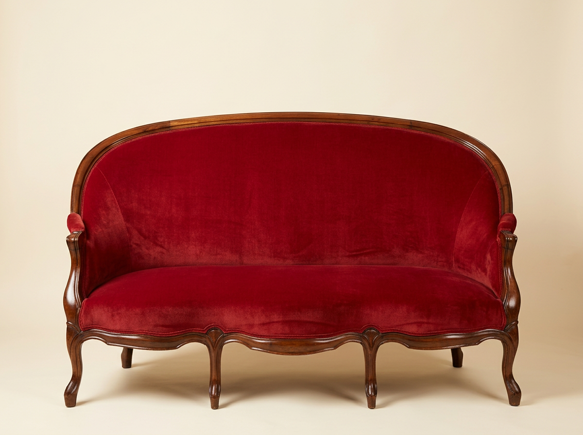 Banquette retapissée en velours rouge